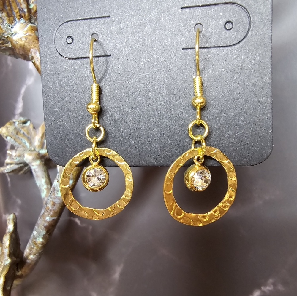 Drop Earrings With Rhinestone Hanging In Brass Embossed Hollow Round Disc